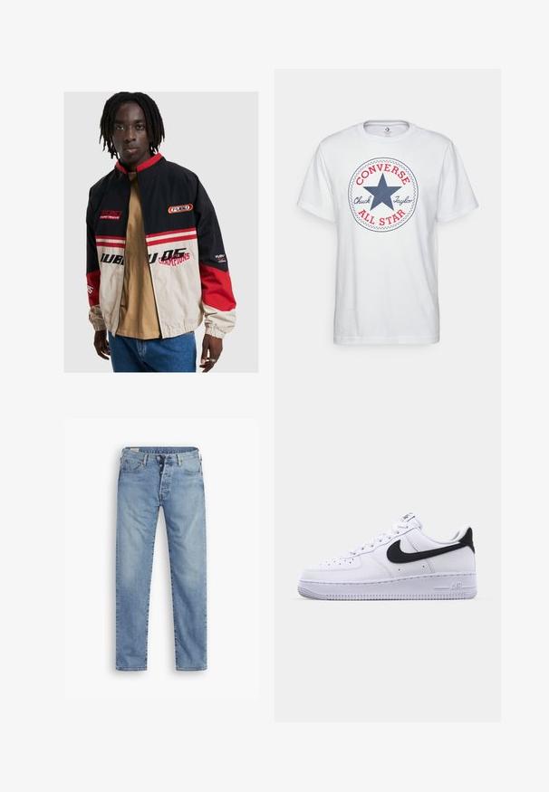 FUBU jakk mustas, beežis ja punases. Omab seisvat kaelust, lukuga eesmist avamist ja logo aktsente. Valmistatud kergest materjalist, millel on elastsed varrukakohtade äärised.; Valge puuvillane t-särk, millel on ringikujuline graafika sinise tähega, punane "CONVERSE" ja tekst "Chuck Taylor ALL STAR". Lühikesed varrukad, mugav lõige.; Heledad sinus sinine teksariie, otse lõikega. Omab nööpide sulgemist, viit taskut ja kergelt tuhmuvat tekstuuri.; Valge nahast toss musta tekstuuriga Swooshiga, lamedate nööridega ja kummist tallaga, millel on sooneline muster. "AIR" on reljeefne kandadel.