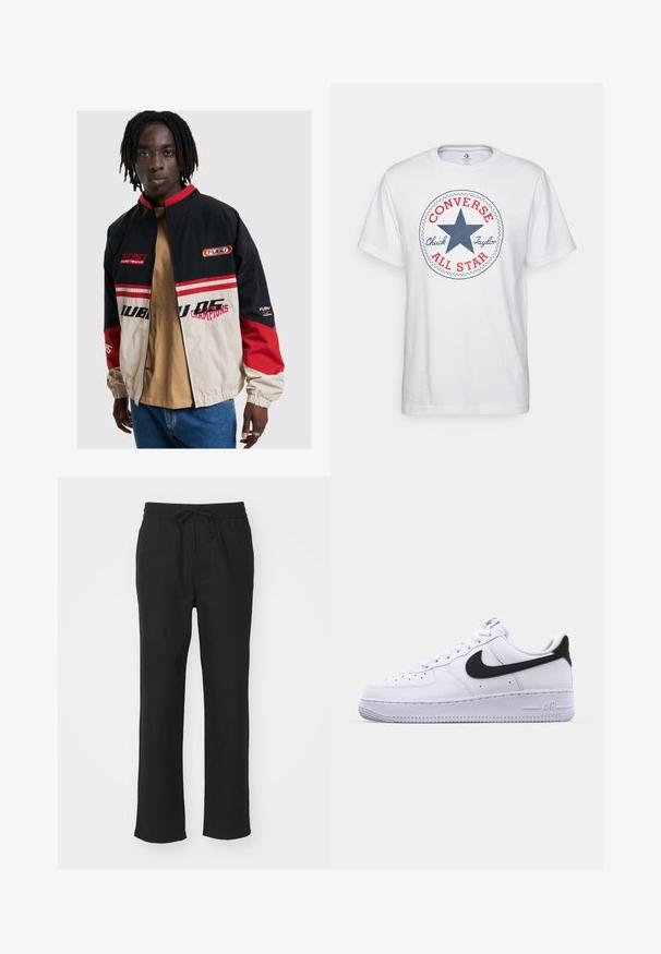 Giacca FUBU nera, beige e rossa. Caratterizzata da un colletto alto, chiusura con zip e accenti del logo. Realizzata in materiale leggero con polsini elasticizzati.; T-shirt bianca in cotone con una grafica circolare che presenta una stella blu, la scritta rossa "CONVERSE" e il testo "Chuck Taylor ALL STAR". Maniche corte, vestibilità casual.; Pantaloni neri a gamba dritta realizzati in stoffa morbida con vita elasticizzata e coulisse regolabile. Senza tasche né motivi visibili.; Sneaker bianca in pelle con un Swoosh nero testurizzato, lacci piatti e una suola in gomma con un motivo a righe. "AIR" è impresso sul tallone.