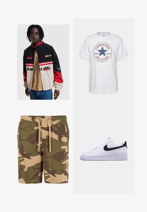 FUBU dzseki fekete, bézs és piros színben. Álló gallérral, cipzáras elejével és logó részletekkel rendelkezik. Könnyű anyagból készült, rugalmas mandzsettákkal.; Fehér pamut póló, kerek grafikával, kék csillaggal, piros "CONVERSE" felirattal és "Chuck Taylor ALL STAR" szöveggel. Rövid ujjú, laza szabású.; Zöld, barna és bézs mintázatú pamut keverékből készült kamó rövidnadrág. Elasztikus derékpánttal és zsinórral rendelkezik. Kényelmes szabás és térdig érő kialakítás.; Fehér bőr sneaker texturált fekete Swooshal, lapos fűzőkkel és bordázott mintázatú gumitalppal. Az „AIR” felirat a saroknál van belefogva.