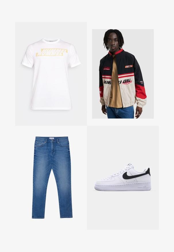 FUBU bunda v černé, béžové a červené barvě. Disponuje stojáčkem, zipovým zapínáním a akcenty s logem. Vyrobena z lehkého materiálu s elastickými manžetami.; Bílý bavlněný tričko s krátkým rukávem, na kterém je žluté logo "HUMMEL" v tučném, zkroutném písmu napříč hrudí.; Modré denimové džíny s rovnými nohavicemi, předními kapsami, prošívanými švy a klasickým zapínáním na knoflík.; Bílé kožené tenisky s texturovaným černým Swooshem, plochými tkaničkami a gumovou podrážkou s drážkovaným vzorem. Na patě je embosováno "AIR".