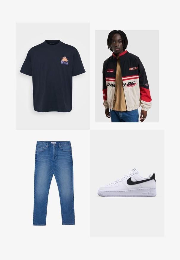 FUBU jakke i sort, beige og rød. Har en stående krave, lynlås foran og logo accenter. Fremstillet af letvægtsmateriale med elastiske manchetter.; Sort bomulds T-shirt med et grafik af en sol og teksten "SOLAR" i orange og lilla. Korte ærmer, rund hals, afslappet pasform.; Blå denim jeans med lige ben-design, der har forlommer, syede sømme og en klassisk knaplukning.; Hvide lædersneakers med en struktureret sort Swoosh, flade snørebånd og en gummisål med et rillemønster. "AIR" er præget på hælen.