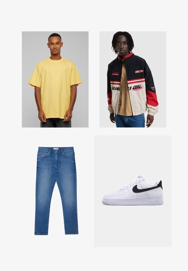 FUBU dzseki fekete, bézs és piros színben. Álló gallérral, cipzáras elejével és logó részletekkel rendelkezik. Könnyű anyagból készült, rugalmas mandzsettákkal.; Sárga, pamut, oversized póló rövid ujjakkal, elöl fehér aláírás logóval és kerek nyakkivágással.; Kék farmernadrág egyenes szárú fazonban, elülső zsebekkel, steppelt varratokkal és klasszikus gombos záródással.; Fehér bőr sneaker texturált fekete Swooshal, lapos fűzőkkel és bordázott mintázatú gumitalppal. Az „AIR” felirat a saroknál van belefogva.