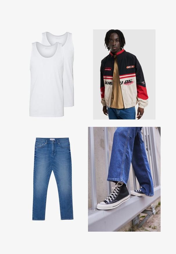 FUBU jacket in black, beige, and red. Features a stand collar, zip front, and logo accents. Crafted from lightweight material with elastic cuffs.; White cotton tank tops with rounded necklines, featuring a smooth texture. Two pieces displayed, labeled "PIER ONE."; Blue denim jeans with a straight-leg design, featuring front pockets, stitched seams, and a classic button closure.; Black high-top sneakers with white sole and laces, paired with loose blue denim jeans, resting on a gray railing.