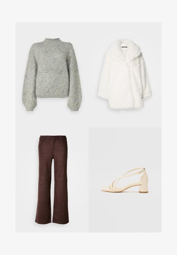Cappotto in pelliccia sintetica bianca con colletto ampio, vestibilità oversize e spalle scese. Texture morbida e realizzazione senza cuciture con chiusure non visibili.; Maglione lavorato a maglia di colore grigio chiaro con un collo alto, maniche larghe e una consistenza morbida. Presenta un delicato motivo in tutta la sua superficie.; Pantaloni a palazzo marroni in un tessuto morbido simile al suede. Presentano quattro tasche, una chiusura con bottone e una superficie liscia e testurizzata.; Sandali con tacco beige a blocco, design con cinturini, e cinturino alla caviglia regolabile, realizzati in materiale sintetico liscio con finitura opaca.
