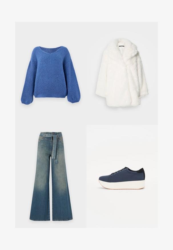 Valkoinen tekoturkistakki, jossa leveä kaulus, ylisuurimitoitus ja pudotetut olkapäät. Pehmeä pinta ja saumaton rakenne, ilman näkyviä kiinnityksiä.; Sininen neulepusero, jossa on V-pääntie, pitkät puffihihat ja tekstuuri. Pehmeä kangas rentoa mittaa varten, jossa on joustavat hihansuut.; Yksiväriset farkut leveällä lahkeella, joissa on vaaleasta tummansiniseen häipyvä väri, korkea vyötärö, vyölenkit ja yhteensopiva kangasvyö. Rakennefarkkujen pinta.; Sotilaspunainen tennari, jossa on teksturoitu kangasyläosa, valkoinen alustan pohja, pyöreä kärki ja musta kantapääkorostus. Varustettu kuudella nyörille tarkoitetulla reikällä.