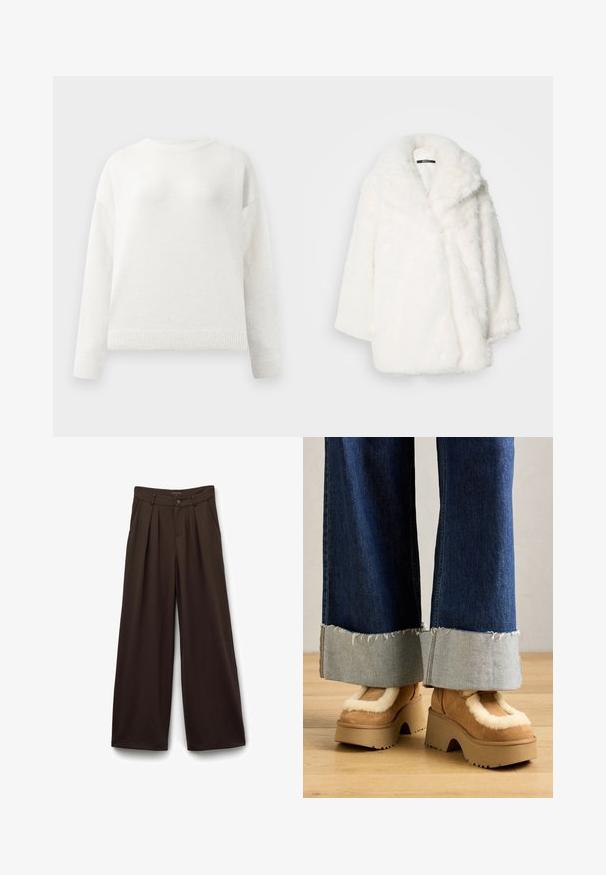 Weißer Mantel aus Kunstpelz mit weitem Kragen, übergroßer Passform und hängenden Schultern. Weiche Textur und nahtlose Verarbeitung ohne sichtbare Verschlüsse.; Weißer Rundhalspullover mit langen Ärmeln, gerippten Bündchen und Saum, der eine weiche, leicht flauschige Textur aufweist.; Weite Hosen aus dunkelbraunem Stoff, mit hoher Taille, gefaltetem Vorderteil, Knopfverschluss und Eingrifftaschen.; Braune Wildleder-Plateau-Stiefel mit cremefarbener Fellfütterung, kombiniert mit weiten Denim-Hosen mit fransigen Säumen und einem helleren Denim-Bündchen.