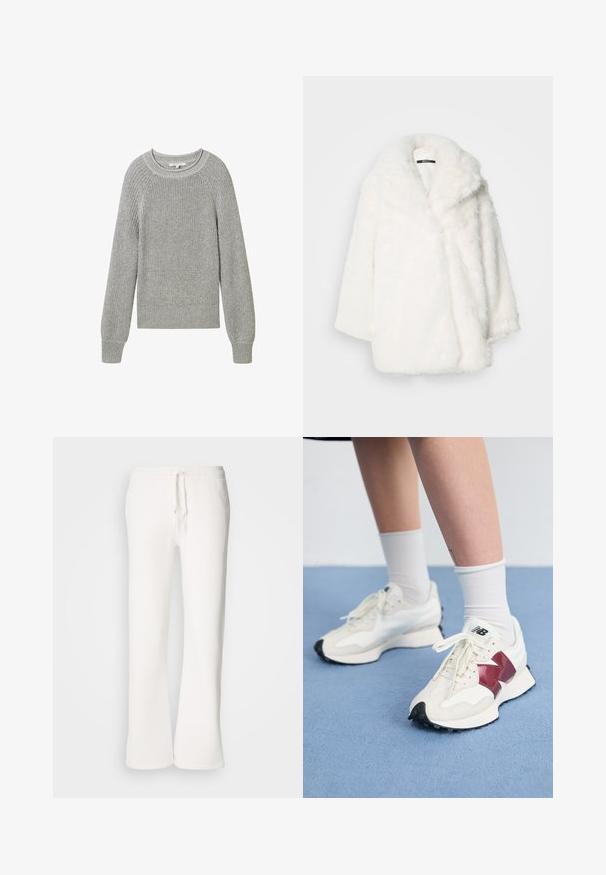 Fehér műszőrme kabát széles gallérral, túlméretezett fazonban és lezserebb eséssel. Puha tapintású, varrás nélküli kialakítás látható rögzítők nélkül.; TOM TAILOR DENIM CREW NECK - Pulóver - cement grey mélange; Fehér, laza szabású melegítőnadrág, puha anyagból készült, rugalmas derékkal és zsinórral, egyenes szárú kialakítással.; Fehér sneaker pár, bordó kiegészítőkkel, texturált panelekkel, lapos fekete talppal és világos fűzőkkel, fehér bokazoknival viselve.