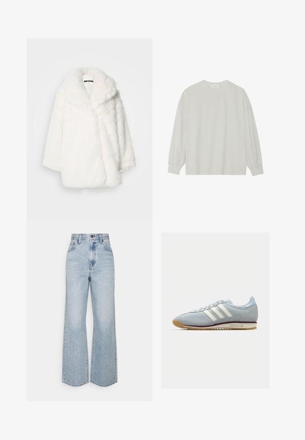 Balta mākslīgās kažokādas jaka ar platām apkaklēm, brīva izmēra un nolaistām pleciem. Mīksta tekstūra un viengabalaina konstrukcija bez redzamām aizdarēm.; Gaišpelēka garām piedurknēm t-krekls, kas izgatavots no mīkstas kokvilnas. Iezīmē vaļīgu piegriezumu, apaļu kakla izgriezumu un viegli saplacinātas piedurknes. Nav rakstu vai grafikas.; Gai zilā denima platā kāju bikses ar augstu jostasvietu, klasisku piecu kabatu dizainu un kontrastējošiem šuvumiem. Neapstrādāts apakšējais maliņš.; Gaiši zili zamša sporta apavi ar baltām trim svītrām, gumijas zoli un teksturētu sietu. Ietver gludu purngalu un zīmolu uz papēža.