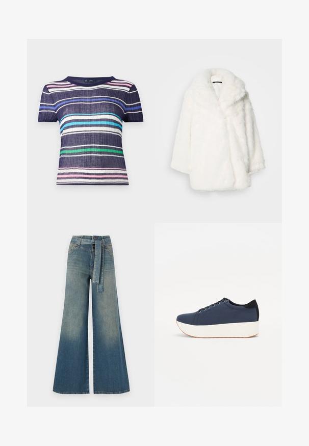 White faux fur coat with a wide collar, oversized fit, and dropped shoulders. Soft texture and seamless construction with no visible fastenings.; Short-sleeve, striped shirt featuring navy, pink, light blue, green, and white lines. Made of textured fabric with a crew neckline.; Wide-leg denim trousers featuring a light to dark blue gradient, high waist, belt loops, and a matching fabric belt. Textured denim finish.; Navy blue sneaker with a textured fabric upper, white platform sole, rounded toe, and black heel accent. Features six eyelets for laces.