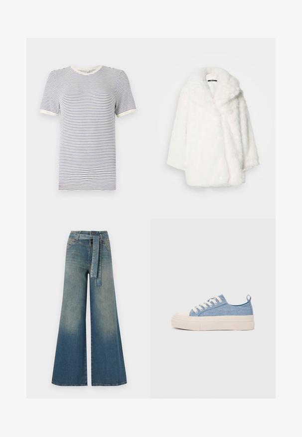 White faux fur coat with a wide collar, oversized fit, and dropped shoulders. Soft texture and seamless construction with no visible fastenings.; Striped T-shirt in white and navy, short sleeves, crew neckline, features contrasting collar and sleeve hems. Soft cotton material.; Wide-leg denim trousers featuring a light to dark blue gradient, high waist, belt loops, and a matching fabric belt. Textured denim finish.; Light blue canvas sneakers with a cream rubber toe cap and outsole, featuring white laces and a pull tab on the heel.