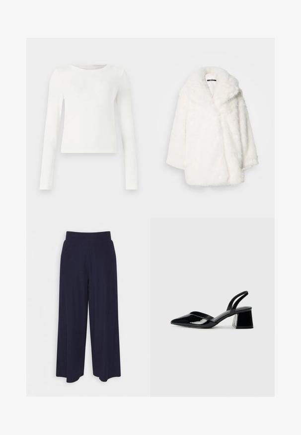 Biely kabát z umelého kožušiny so širokým golierom, nadrozmerným strihom a spustenými ramenami. Jemná textúra a bezšvová konštrukcia bez viditeľných zapínaní.; Biela dlhá rukávová rebrovaná blúzka s okrúhlym výstrihom. Hladká textúra, priliehavý strih a žiadne viditeľné vzory alebo akcenty. Jednoduchý a minimalistický štýl.; Široké nohavice z tmavomodrej látky s ribbovanou textúrou. Obsahujú hladký pás a voľný siluetu, s dĺžkou po stred lýtok.; Čierne lakované kožené sandálové podpätky s špicatou špičkou a geometrickým blokovým podpätkom. Disponujú elegantným, minimalistickým dizajnom a hladkým povrchom.