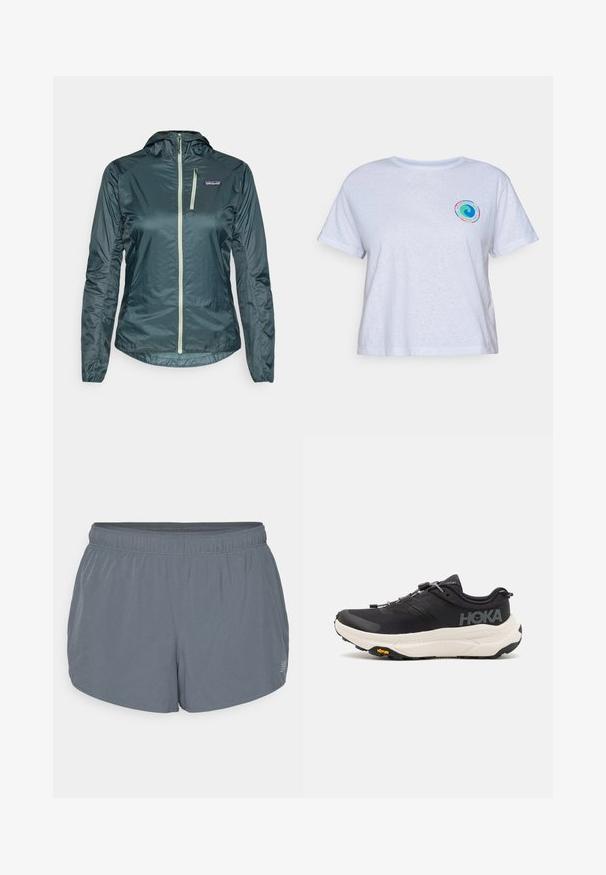 Patagonia HOUDINI - Vetrovka - cascade green; Biela bavlnená tričko s okrúhlym výstrihom a krátkymi rukávmi. Na ľavej strane v hrudi sa nachádza kruhové viacfarebné logo. Uvoľnený strih.; Sivé športové šortky s jemnou textúrou, elastickým pásom a mierne zakriveným lemom. Obsahujú malé perforácie pre lepšiu priedušnosť.; Čierne športové topánky s priedušným sieťovým zvrškom, gumovou podrážkou, bielou tlmiacou medzipodrážkou a reflexnými šnúrkami. Logo Vibram na podrážke.