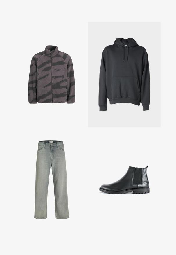 Flis jakna z visokim ovratnikom, zadrgo in sivimi ter črnimi črtami. Mehka tekstura, raglan rokavi in stranski žepi.; Temno siva kapuca iz mehkega blaga, z sprednjim žepom, vrvicami na kapuci in rebrastimi manšetami in robom.; Svetlo sivi, široki traperice iz denima. Ima klasični dizajn s pet džepova, petlje za remen i ravno krojenje.; Črne usnjene gležnjarje z elastičnim stranskim panelom, zaobljenim nosom in teksturiranim gumijastim podplatom. Imajo zanko za poteg na zadnji strani.