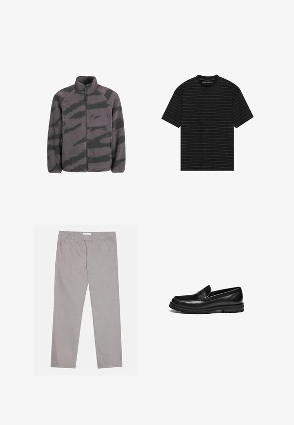 Kurtka polarowa z wysokim kołnierzem, zamek błyskawiczny oraz szaro-czarny wzór w paski. Miękka tekstura z raglanowymi rękawami i kieszeniami bocznymi.; Czarny t-shirt z krótkim rękawem z cienkimi białymi poziomymi paskami. Wykonany z miękkiego materiału, z okrągłym dekoltem i luźnym krojem.; Jasnoszare bawełniane spodnie z elastycznym paskiem w talii, dwoma bocznymi kieszeniami, prostym krojem nogawek i gładką fakturą. Proste detale przeszycia.; Czarne skórzane półbuty o gładkim wykończeniu, z teksturowanym zamszowym akcentem na wierzchu i wytrzymałą gumową podeszwą.