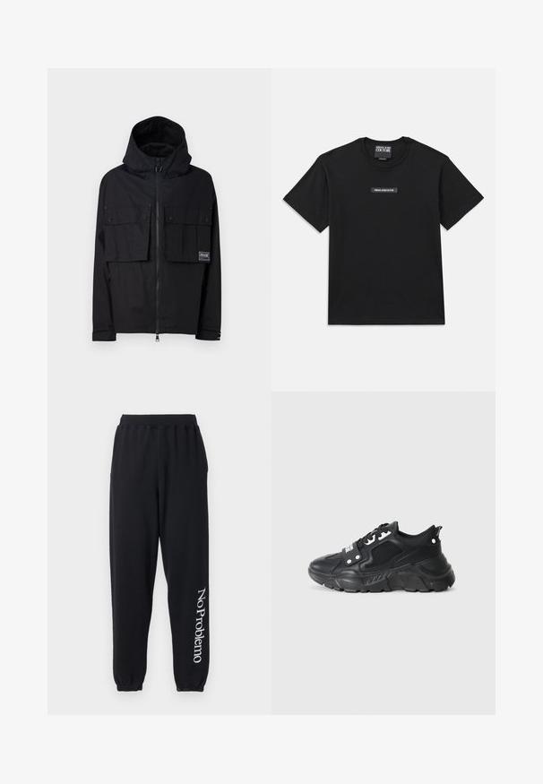 Juodas vandeniui atsparus striukė su kapišonu, užtrauktuku priekyje, dviem didelėm krūtinės kišenėm ir logotipo apdaila. Turi laisvą siluetą ir reguliuojamus rankogalius.; Juodas trumpas rankovės marškinėlis, pagamintas iš medvilnės. Ant krūtinės yra stačiakampis logotipo etiketė su užrašu "VERSACE JEANS COUTURE" baltomis raidėmis.; Juodos sportinės kelnės, pagamintos iš minkštos medžiagos, su siaurėjančiu dizainu ir elastinėmis rankovėmis. Kairėje kojoje baltu spalvu užrašyta "No Problemo".; Juodos sportinės kedai su tekstūruota tinklelio dalimi, storu guminio pado, kontrastingomis detalėmis ir raištelių uždarymu. Yra nugaros kilpa.