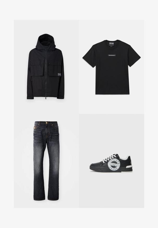 Casaco preto impermeável com capuz, fecho de correr à frente, dois grandes bolsos no peito e logo. Apresenta um corte descontraído e punhos ajustáveis.; T-shirt preta de manga curta feita de algodão. Apresenta um rótulo retangular de logo no peito com "VERSACE JEANS COUTURE" em texto branco.; Jeans de azul escuro com corte reto, apresentando um efeito desgastado, costuras laranja e um fecho de correr com um botão.; Tenis de couro preto com detalhes em branco, logótipo redondo, ponta perfurada e sola de contraste. Apresenta atacadores brancos e marca.