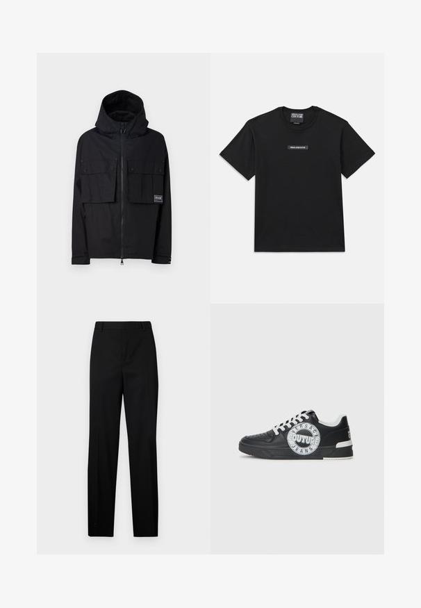 Crna vodootporna jakna s kapuljačom, prednjim zatvaračem, dva velika džepa na prsima i oznakom loga. Ima opušteni kroj i podesive manžete.; Crna majica kratkih rukava izrađena od pamuka. Ima pravokutnu oznaku s logotipom na prsima s natpisom "VERSACE JEANS COUTURE" u bijelom tekstu.; Crne krojene hlače ravnog kroja, ravnog prednjeg dijela i suptilne prečke. Izrađene od glatkog materijala, imaju petlje za remen i bočne džepove.; Crne kožne tenisice s bijelim detaljima, okruglim logotipom, perforiranim prstom i kontrastnom potplatom. Imaju bijele vezice i brendiranje.