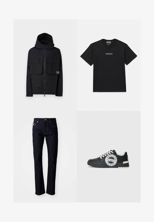 Fekete vízálló dzseki kapuccsal, cipzáros elülső része, két nagy mellzsebe és logóval ellátott foltja van. Kényelmes szabású és állítható mandzsettákkal rendelkezik.; Fekete, rövid ujjú póló, pamutból készült. A mellrészen elhelyezkedő téglalap alakú logócímke "VERSACE JEANS COUTURE" felirattal, fehér színben.; Sötétkék, egyenes lábú farmer arany öltésekkel, elülső gombbal és öt zsebes kialakítással, fehér háttérben.; Fekete bőr edzőcipő fehér kiemelésekkel, kerek logó részletezéssel, perforált orral és kontrasztos talppal. Jellemzője a fehér fűző és a márkajelzés.