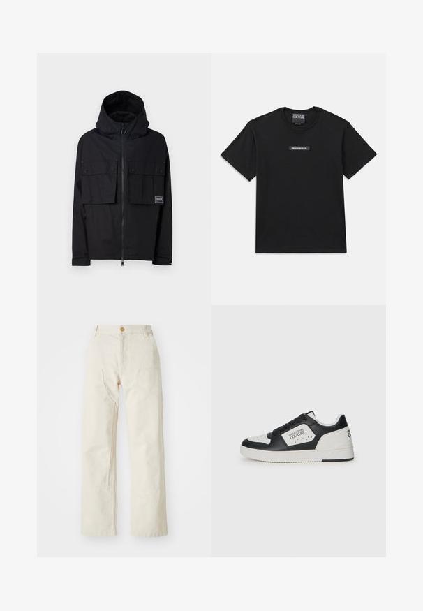 Must matte must jacket, kapuutsiga, lukuga ees, kahe suure rinna-taskuga ja logotäpiga. Omab mugavat lõiget ja reguleeritavaid mansette.; Mustvalge lühikeste varrukatega T-särk, mis on valmistatud puuvillast. Rinnas on ristkülikukujuline logo silt, millel on valge tekst "VERSACE JEANS COUTURE".; Kreemjad laiad püksid, mis on valmistatud puuvillast, nuppu kinnitusega, kahe külje taskuga ja sirge lõikega, omavad sujuvat tekstuuri.; Mustvalge tennisjalanõud, millel on sile nahk üleosa, perforatsioonidega varbakuju, vastandina valge paneel ning logo detail külje- ja kandapooles.