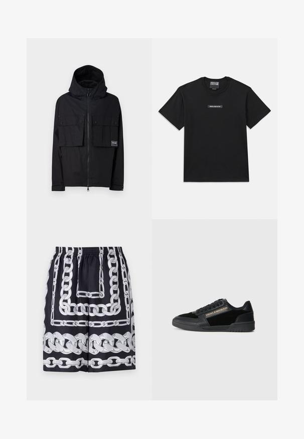 Black waterproof jacket with a hood, zip front, two large chest pockets, and logo patch. Features a relaxed fit and adjustable cuffs.; Black short-sleeve t-shirt made from cotton. Features a rectangular logo label on the chest with "VERSACE JEANS COUTURE" in white text.; Black shorts featuring large silver chain patterns, with an elastic waistband and a loose fit, crafted from a smooth fabric.; Black sneaker with a smooth leather finish and suede accents. Features a low-top design, laces, and gold logo detailing on the side.