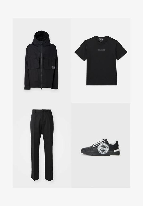 Melnā ūdensizturīgā jaka ar kapuci, ar rāvējslēdzēju priekšā, divām lielām krūšu kabatām un logo plāksteri. Iezīmes ietver brīvu piegriezumu un regulējamus aproces.; Melnas īsām piedurknēm t-krekls, izgatavots no kokvilnas. Uz krūšu ir taisnstūra formas logotipa uzlīme ar tekstu "VERSACE JEANS COUTURE" baltā krāsā.; Melni bikses no gludas auduma, ar taisnu kāju dizainu, priekšējo pogu aizdari un klasisku, elegantu siluetu.; Melnas ādas sporta kurpes ar baltām akcentiem, apaļu logo detaļu, perforētu purngali un kontrastējošu zoli. Iekļautas baltas šņorītes un zīmols.