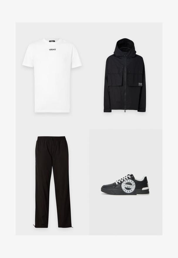 Black waterproof jacket with a hood, zip front, two large chest pockets, and logo patch. Features a relaxed fit and adjustable cuffs.; White cotton T-shirt with short sleeves, crew neck, and black "VERSACE" logo printed on the chest. Classic fit and smooth texture.; Black lightweight trousers with an elastic waistband, drawstring closure, and zippered hems for adjustable fit. Smooth, sleek texture.; Black leather sneakers with white accents, round logo detailing, perforated toe, and contrasting sole. Features white laces and branding.