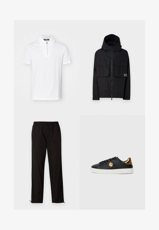 Fekete vízálló dzseki kapuccsal, cipzáros elülső része, két nagy mellzsebe és logóval ellátott foltja van. Kényelmes szabású és állítható mandzsettákkal rendelkezik.; Fehér poloing pamutból, cipzáras záródással és egyedi gallértervezéssel. Nincsenek látható minták vagy díszítések.; Fekete, könnyű nadrág, elasztikus derékkal, húzózsinórral és cipzáros szegélyekkel, amelyek lehetővé teszik az állítható illeszkedést. Simaság és elegáns textúra.; Fekete bőr sneaker arany kiegészítőkkel, logó díszítéssel és fehér mintás talppal. Kerek fűzőkkel és letisztult dizájnnal rendelkezik.