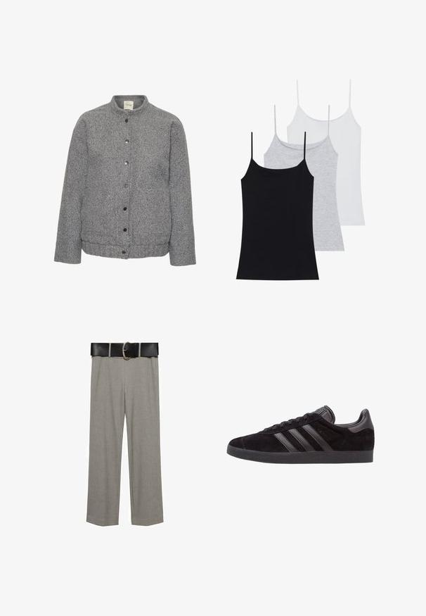 Šedá prošívaná bunda vyrobená z texturované látky s stojáčkovým límcem, obsahující zapínání na knoflíky vpředu a dvě postranní kapsy.; Tři bezramínkové tílka: jedno černé, jedno šedé a jedno bílé. Vyrobené z měkké, elastické látky s nastavitelnými ramínky.; Šedé ušité kalhoty vyrobené z hladké látky, které mají široké nohavice a černý pás se stříbrnou kulatou sponou.; Černé semišové sneakers s texturovanou gumovou podrážkou, s třemi černými koženými pruhy, zaoblenou špičkou a polstrovaným límcem kolem kotníku.