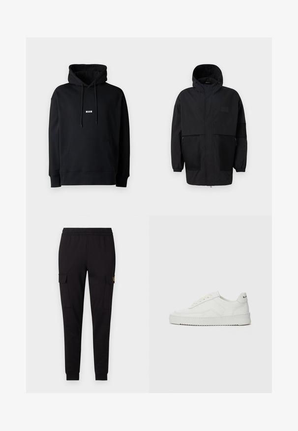Veste à capuche noire en tissu léger, dotée de panneaux en mesh, d'une fermeture éclair à l'avant et de poignets élastiques pour un ajustement réglable.; Hoodie noir avec capuche à cordon, poche frontale, poignets et ourlet côtelés, affichant un petit logo blanc "MSGM" sur la poitrine.; Pantalons de jogging noirs en tissu doux, présentant une coupe fuselée et deux poches cargo latérales avec un logo discret sur une poche.; Baskets en cuir blanc avec une finition lisse, bout arrondi, lacets plats et semelle texturée. Présente un logo discret sur le talon.