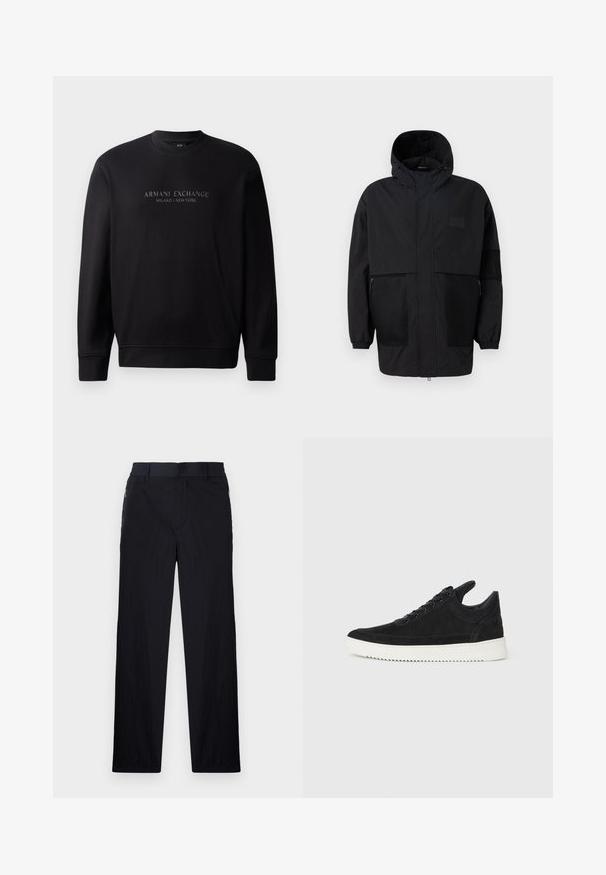 Musthave musta kapuutsiga jakk, mis on valmistatud kergest kangast, koos võrgupaneelide, ees oleva tõmbluku ja elastsete mansettidega kohandatava sobivuse jaoks.; Mustra musta crewneck-sweater, mille esipaneelil on reljeefselt kujutatud tekst "ARMANI EXCHANGE MILANO / NEW YORK". Kude on sile ning varrukaotsad on ribakujulised.; Mustad püksid, millel on kerge, tekstuuriga kangas, sirge jala disain, elastne vöökoht ja küljetaskud sipsiga.; Must mustel kingad valge kummist tallaga, millel on toon-toonis õmblused ja paeltega disain. Sile tekstuur ja moodne, voolujooneline kuju.
