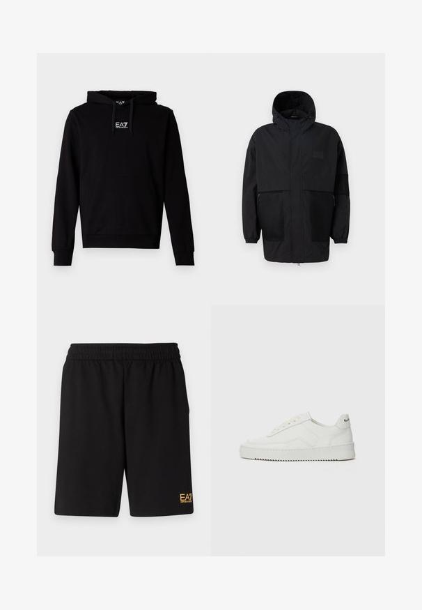 Črna kapuča jakna iz lahkega materiala, ki ima mrežaste panele, sprednje zadrgo in elastične manšete za prilagodljiv fit.; Črna bombažna jopa s kapuco, opremljena z žepom kenguru spredaj, nastavljivim vrvico na kapuci in belim logotipom EA7 na prsih. Dolgi rokavi in rebrasti zaključki na manšetah.; Črne športne kratke hlače iz mehkega blaga, z elastičnim pasom in majhnim rumenim logotipom EA7 na spodnjem levem delu noge.; Bela usnjena športna obutev z gladko površino, okroglo prst, ravne vezalke in teksturiran podplat. Ima diskretno logo na peti.