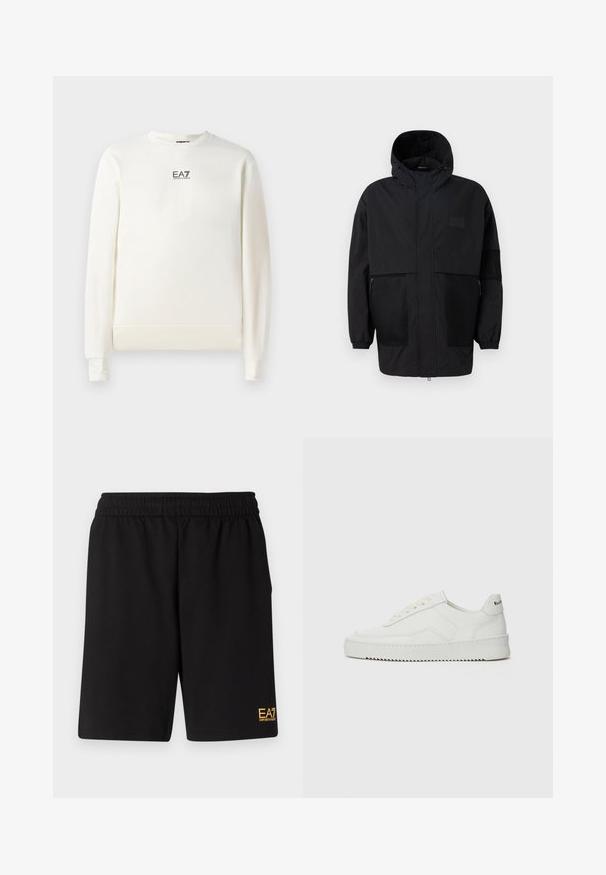 Black hooded jacket made from lightweight fabric, featuring mesh panels, a front zipper, and elastic cuffs for adjustable fit.; White sweatshirt made of soft fabric with a crew neck. Features long sleeves and a small EA7 logo on the chest. Ribbed cuffs and hem.; Black athletic shorts made of soft fabric,Featuring an elastic waistband and a small yellow EA7 logo on the lower left leg.; White leather sneaker with a smooth finish, round toe, flat laces, and a textured sole. Features a subtle logo on the heel.