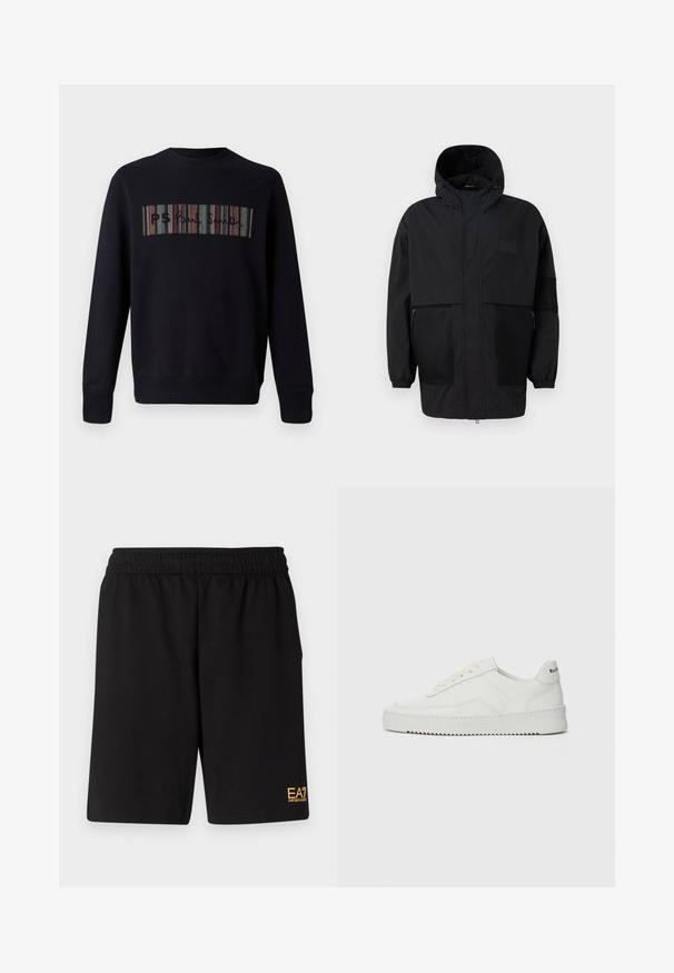 Černá kapucňová bunda vyrobená z lehké tkaniny, s síťovinovými panely, předním zipem a elastickými manžetami pro nastavitelné přizpůsobení.; Černá mikina s kulatým výstřihem, na přední straně má výšivku v pestrých pruhovaných barvách s textem "PS." Rukávy a lem jsou zakončené lemem.; Černé sportovní šortky vyrobené z měkké látky, s elastickým pasem a malým žlutým logem EA7 na dolní části levé nohy.; Bílé kožené tenisky s hladkým povrchem, kulatou špičkou, plochými tkaničkami a texturovanou podrážkou. Na patě se nachází nenápadné logo.