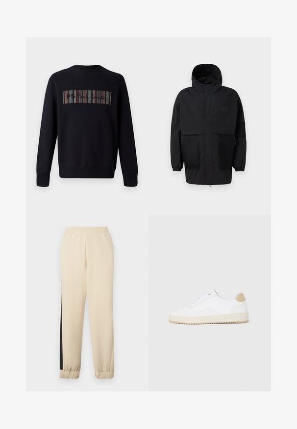 Čierna kapucňová bunda vyrobená z ľahkého materiálu, s priehľadnými panelmi, predným zipsom a elastickými manžetami pre nastaviteľné prispôsobenie.; Čierna mikina s okrúhlym výstrihom, s multicolor prúžkovanou výšivkou na prednej strane s textom "PS." Rukávy a lem sú zakončené manžetou.; Krémové teplákové nohavice s čiernymi bočnými pruhmi, elastickým pásom a rebrovanými manžetami. Mäkka látka s voľným strihom.; Biele nízke tenisky s textúrovaným koženým zvrškom, krémovou drážkovanou podrážkou a akcentom v hnedej farbe na podpätku. Majú biele šnúrky a detail loga na päte.