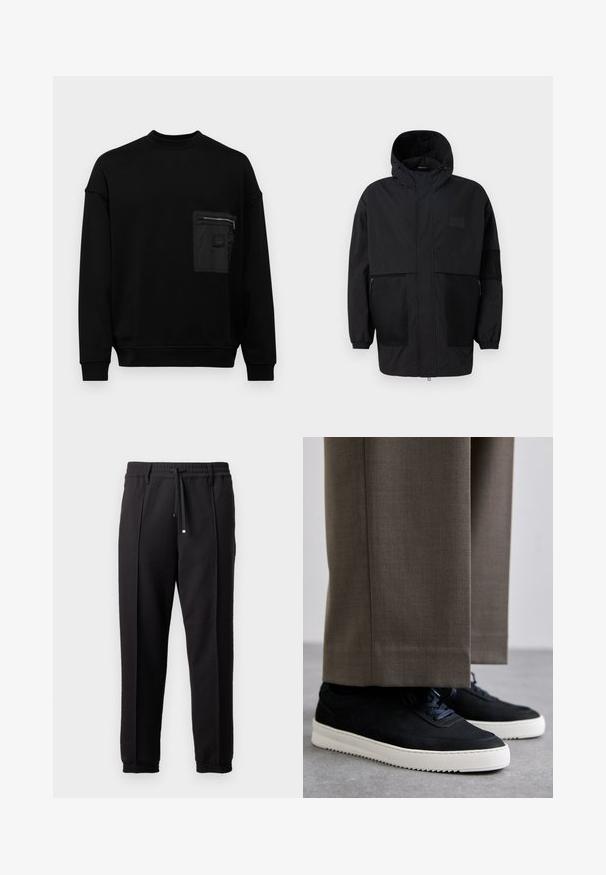 Fekete kapucnis dzseki, könnyű anyagból készült, hálós panelek, elülső cipzár és állítható illeszkedést biztosító rugalmas mandzsetták jellemzik.; Armani Exchange Melegítőfelső - black; Fekete nadrág derékpánttal, húzózsinórral és rugalmas mandzsettákkal. Jellemző rá a pliszírozás és a sima, textúrált anyag.; Fekete velúr sportcipők fehér gumitalppal, kerek orrú, fűzős kialakítással, szürke, szabott nadrággal párosítva.