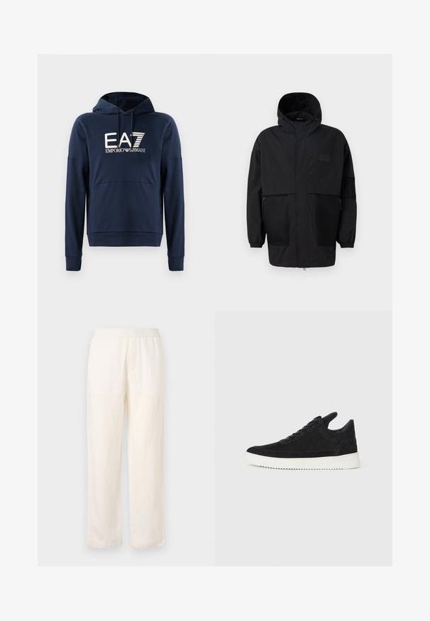 Fekete kapucnis dzseki, könnyű anyagból készült, hálós panelek, elülső cipzár és állítható illeszkedést biztosító rugalmas mandzsetták jellemzik.; Sötétkék kapucnis pulóver, puha anyagból készült, kenguruzsebével, bordás mandzsettával és az EA7 Emporio Armani logóval az elején.; Könnyű, tejszínszínű nadrág rugalmas derékkal, egyenes szabással és finom textúrával. Nem rendelkezik látható zsebekkel.; Fekete nubuk sportcipő fehér gumitalppal, tónusos varrással és fűzős kialakítással. Simák a textúrája, modern, letisztult formával rendelkezik.