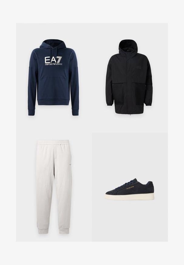 Juodas gobtuvu džemperis, pagamintas iš lengvo audinio, turi tinklinės juosteles, priekinį užtrauktuką ir elastingus rankogalius, leidžiančius pritaikyti dydį.; Jūrų mėlynos spalvos pūkuota gobtuvė, pagaminta iš minkštos medžiagos, su kengūros kišene, raukšlėtais rankogaliais ir EA7 Emporio Armani logotipu priekyje.; Šviesiai pilki sportiniai kelniai su elastingu juosmeniu, šoninėmis kišenėmis, raukinėtais rankogaliais ir subtilia ženklų užrašais ant kojos, pagaminti iš minkštos medžiagos.; Tamsiai mėlynos zomšos žemos batai su balta siaura, tamsiai mėlynais raišteliais ir auksiniu logotipu „Filling Pieces“ šone.