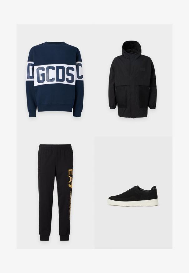 Chaqueta negra con capucha hecha de un tejido ligero, con paneles de malla, cremallera frontal y puños elásticos para un ajuste ajustable.; GCDS BAND LOGO CREWNECK - Sudadera - deep blue/white; Chandal negro hecho de tela suave, con cinturilla elástica y tobillos ajustados. Marca amarilla impresa verticalmente en la pierna izquierda.; Zapatilla de ante negra con diseño de cordones y suela de goma blanca contrastante. Presenta paneles laterales texturizados y un sutil logo en el talón.