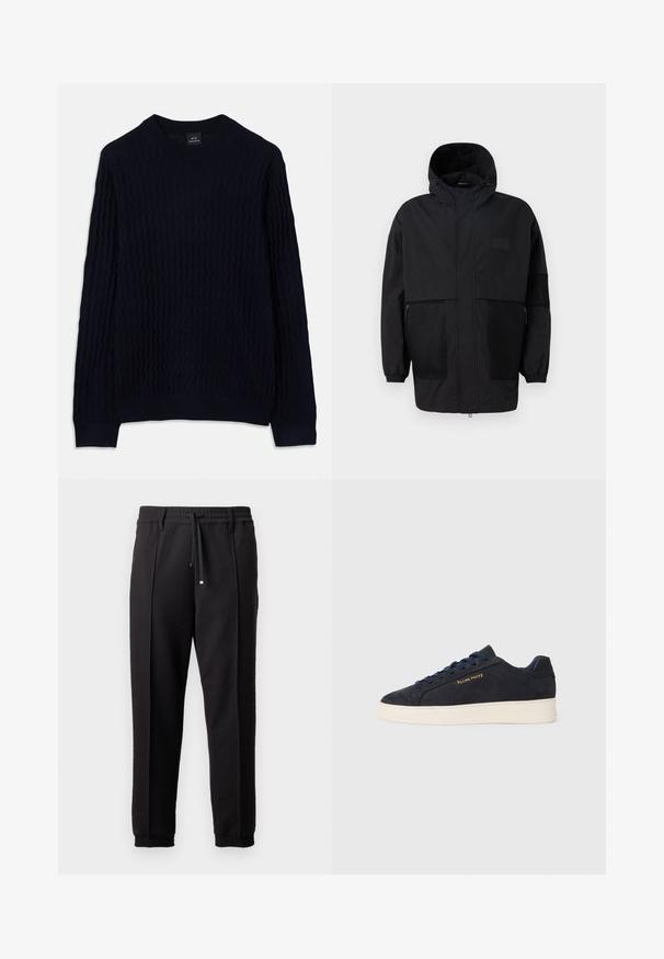 Črna kapuča jakna iz lahkega materiala, ki ima mrežaste panele, sprednje zadrgo in elastične manšete za prilagodljiv fit.; Svetar temno modre barve z dolgimi rokavi, izdelan iz teksturirane valovite pletenine, z rebrastim okroglim ovratnikom, manšetami in robom, znamke Armani Exchange.; Črne hlače z pasom, vrvico in elastičnimi manšeti. Imajo nabore in gladko teksturirano blago.; Mornarsko modre semiš nizke superge z belim podplatom, mornarskimi vezalkami in z zlatim logotipom "Filling Pieces" na strani.