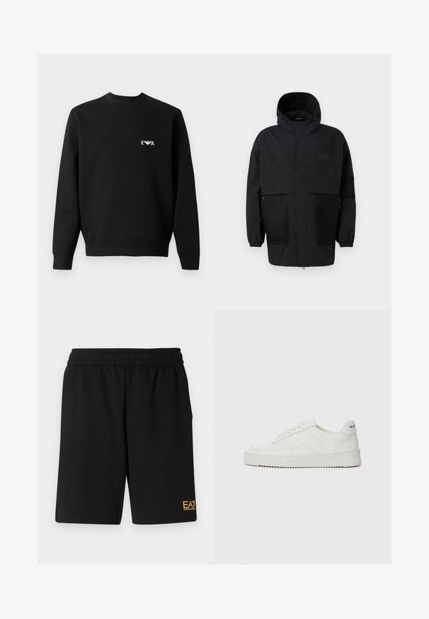 Czarna kurtka z kapturem, wykonana z lekkiego materiału, z siateczkowymi panelami, z zamek błyskawicznym z przodu oraz elastycznymi mankietami dla regulowanego dopasowania.; Czarny sweter z okrągłym dekoltem, długimi rękawami i ribbowymi mankietami. Posiada małe, białe, haftowane logo na piersi. Materiał bawełniany w mieszance.; Czarne sportowe szorty wykonane z miękkiego materiału, z elastycznym paskiem w talii oraz małym, żółtym logo EA7 na dolnej lewej nodze.; Białe skórzane sneakersy o gładkim wykończeniu, okrągłym nosku, płaskich sznurówkach i teksturowanej podeszwie. Charakteryzują się delikatnym logo na pięcie.