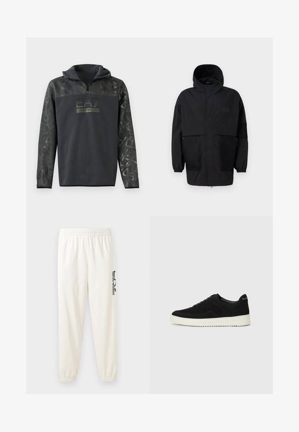 Juodas gobtuvu džemperis, pagamintas iš lengvo audinio, turi tinklinės juosteles, priekinį užtrauktuką ir elastingus rankogalius, leidžiančius pritaikyti dydį.; Juodas, su gobtuvo, džemperis su pusiau užtrauktuku, su tekstūruoto grafiko raštu ant rankovių ir tamsiai žaliu logotipo spaudiniu ant krūtinės.; Šviesiai smėlinės spalvos sportinės kelnės su elastine juosta ir elastiniais rankogaliais. Kairėje kojoje yra juodai spausdintas logotipas. Minkšta audinio tekstūra.; Juodos veliūrinės sportinės bateliai su raištelių dizainu ir kontrastinga balta gumine padais. Yra tekstūruoti šoniniai skydeliai ir subtilus logotipas ant kulno.