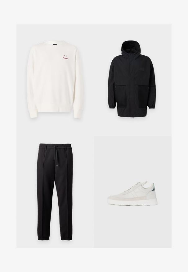 Black hooded jacket made from lightweight fabric, featuring mesh panels, a front zipper, and elastic cuffs for adjustable fit.; White sweatshirt made of soft fabric, featuring a round neckline, long sleeves, and a small red embroidered smiley design on the chest.; Black trousers with a waistband, drawstring, and elastic cuffs. Features pleats and a smooth, textured fabric.; White leather sneakers with gray suede accents, lace-up design, pull tab, and textured rubber sole featuring a zigzag pattern.