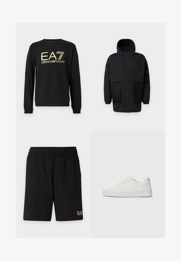 Μαύρο φούτερ τζάκετ από ελαφρύ ύφασμα, με πλέγμα, μπροστινό φερμουάρ και ελαστικούς καρπούς για ρυθμιζόμενη εφαρμογή.; Μαύρο φούτερ κατασκευασμένο από βαμβάκι, με χρυσό λογότυπο EA7 και κείμενο "EMPORIO ARMANI", λαιμόκοψη crew, μακριά μανίκια και ριμπ μανσέτες.; Μαύρες αθλητικές βερμούδες από μαλακό ύφασμα, με ελαστική μέση και μικρό λογότυπο EA7 στο κάτω αριστερό πόδι.; Λευκό δερμάτινο sneakers με λείο φινίρισμα, στρογγυλή μύτη, επίπεδα κορδόνια και υφή στην σόλα. Φέρει μια διακριτική λογότυπο στη φτέρνα.