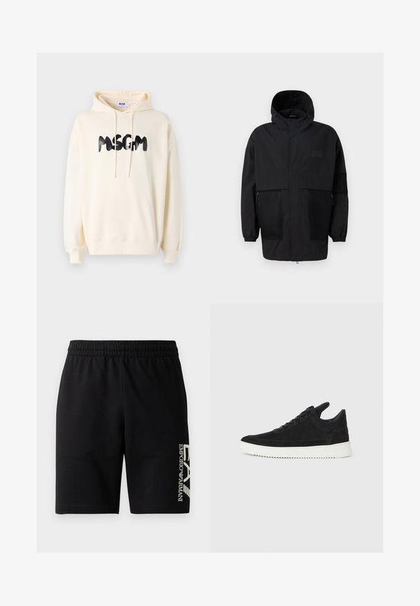Musthave musta kapuutsiga jakk, mis on valmistatud kergest kangast, koos võrgupaneelide, ees oleva tõmbluku ja elastsete mansettidega kohandatava sobivuse jaoks.; Kreemikaalune kapuutsiga dressipluus, millel on eesmine tasku ja must "MSGM" logo. Omab soonikuid mansette ja hemmi, valmistatud pehmest kangast.; EA7 Emporio Armani TRAIN VISIBILITY - Lühikesed püksid - black/cream; Must mustel kingad valge kummist tallaga, millel on toon-toonis õmblused ja paeltega disain. Sile tekstuur ja moodne, voolujooneline kuju.