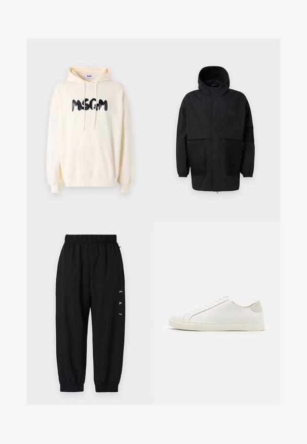 Chaqueta negra con capucha hecha de un tejido ligero, con paneles de malla, cremallera frontal y puños elásticos para un ajuste ajustable.; Sudadera color crema con bolsillo frontal, capucha con cordón y logo negro de "MSGM". Cuenta con puños y dobladillo acanalados, fabricada con un tejido suave.; Pantalones de chándal negros con cintura elástica, tobillos ceñidos y bolsillos laterales. Presentan el logotipo blanco "EA7" en la pierna izquierda. Material ligero.; Zapatilla blanca de cuero con una superficie suave, punta redonda y diseño minimalista. Presenta acentos en beige en el talón y una suela de goma.