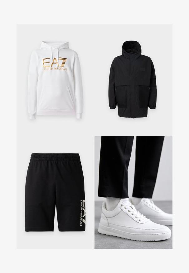 Μαύρο φούτερ τζάκετ από ελαφρύ ύφασμα, με πλέγμα, μπροστινό φερμουάρ και ελαστικούς καρπούς για ρυθμιζόμενη εφαρμογή.; Λευκή κουκούλα με μπροστινή τσέπη, διαθέτει χρυσό μεταλλικό λογότυπο που γράφει "EA7 EMPORIO ARMANI". Μαλακό ύφασμα και ριγωτοί καρποί.; EA7 Emporio Armani TRAIN VISIBILITY - Σορτς - black/cream; Λευκά δερμάτινα αθλητικά παπούτσια με επίπεδη καουτσούκ σόλα, με λείο φινίρισμα, στρογγυλή μύτη και μεταλλικές θηλιές για τα κορδόνια. Φορεμένα με μαύρο παντελόνι.