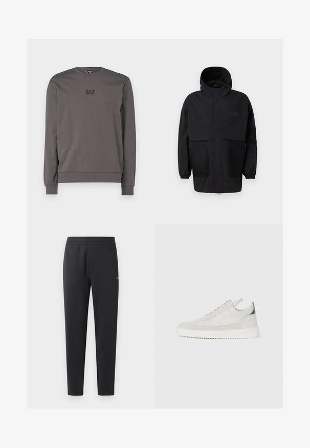 Casaco preto com capuz, feito de um tecido leve, apresentando painéis de malha, um fecho éclair frontal e punhos elásticos para um ajuste ajustável.; Sweatshirt cinza de manga longa feito de algodão, com decote e punhos canelados, apresentado com um pequeno logotipo preto no peito.; Calças de treino pretas feitas de tecido suave, com um cós elástico, pernas retas e um pequeno detalhe de logotipo de um lado.; Ténis brancos em pele com detalhes em camurça cinza, design de atacadores, com alça de puxar e sola de borracha texturizada com padrão em zigzag.