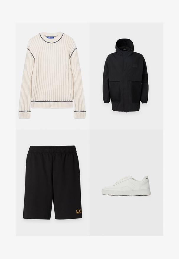 Veste à capuche noire en tissu léger, dotée de panneaux en mesh, d'une fermeture éclair à l'avant et de poignets élastiques pour un ajustement réglable.; Sweatshirt côtelé écru en tissu doux, avec des accents gris foncé au niveau du col et de l'ourlet, et des manches longues.; Shorts de sport noirs en tissu doux, avec une taille élastique et un petit logo jaune EA7 sur le bas de la jambe gauche.; Baskets en cuir blanc avec une finition lisse, bout arrondi, lacets plats et semelle texturée. Présente un logo discret sur le talon.