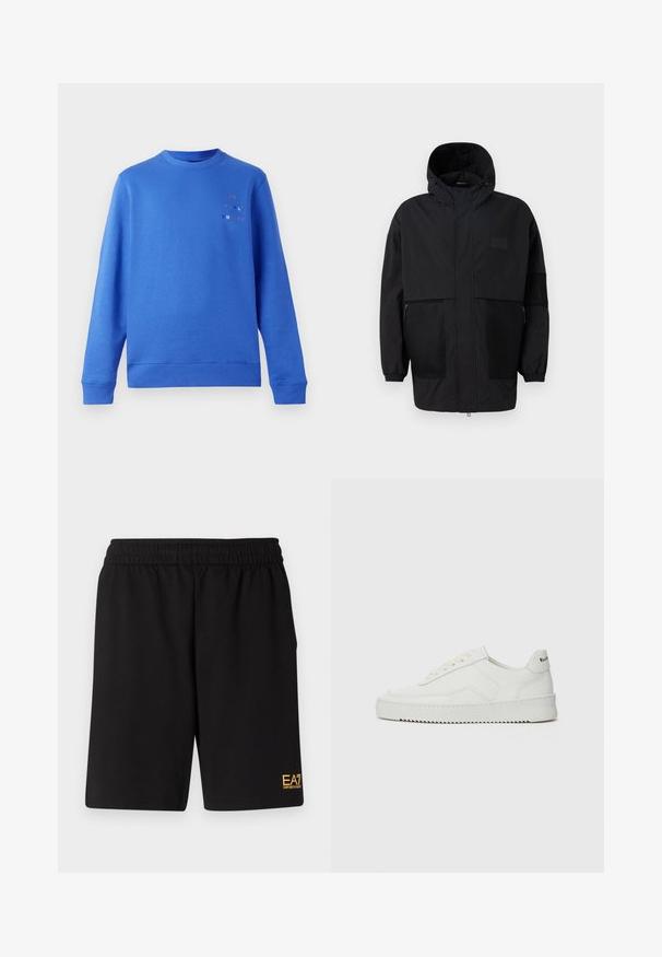 Črna kapuča jakna iz lahkega materiala, ki ima mrežaste panele, sprednje zadrgo in elastične manšete za prilagodljiv fit.; Modra majica s kapuco z okroglim izrezom, rebrastimi zapestji in robom. Ima večbarvni logotip "Paul Smith" na zgornji levi strani. Gladka tekstura.; Črne športne kratke hlače iz mehkega blaga, z elastičnim pasom in majhnim rumenim logotipom EA7 na spodnjem levem delu noge.; Bela usnjena športna obutev z gladko površino, okroglo prst, ravne vezalke in teksturiran podplat. Ima diskretno logo na peti.