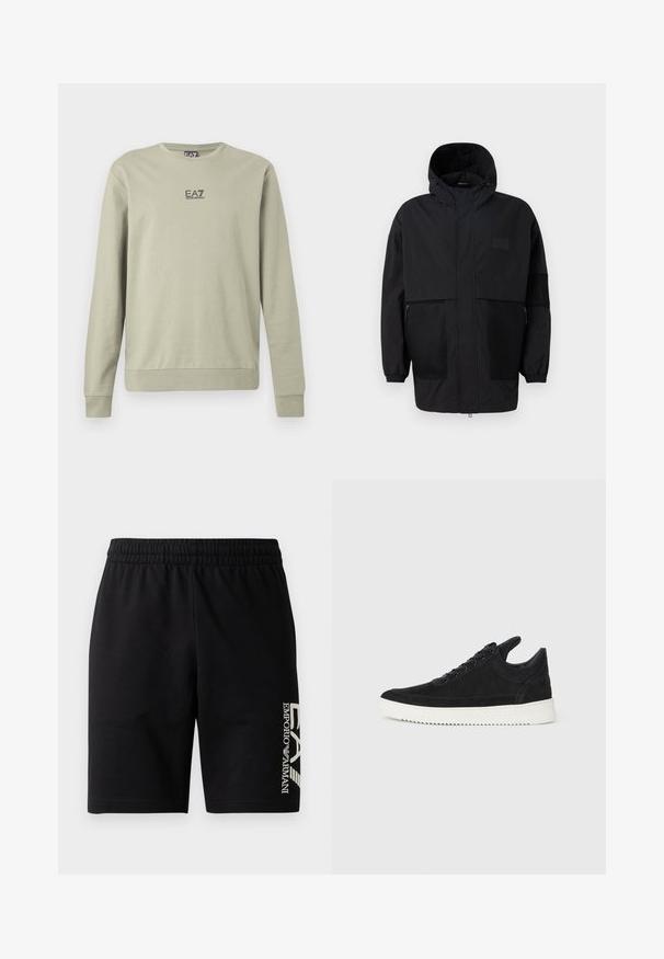 Svart hettejakke laget av lettvektig stoff, med mesh-paneler, en front glidelås og elastiske mansjetter for justerbar passform.; Lys grønn genser med lange ermer, rund hals og en liten EA7-logo trykt på brystet. Laget av mykt bomullsmateriale.; EA7 Emporio Armani TRAIN VISIBILITY - Shorts - black/cream; Sorte semskede sneakers med hvit gummisåle, med tonale sømmer og snøring. Glatt tekstur med en moderne, strømlinjeformet form.
